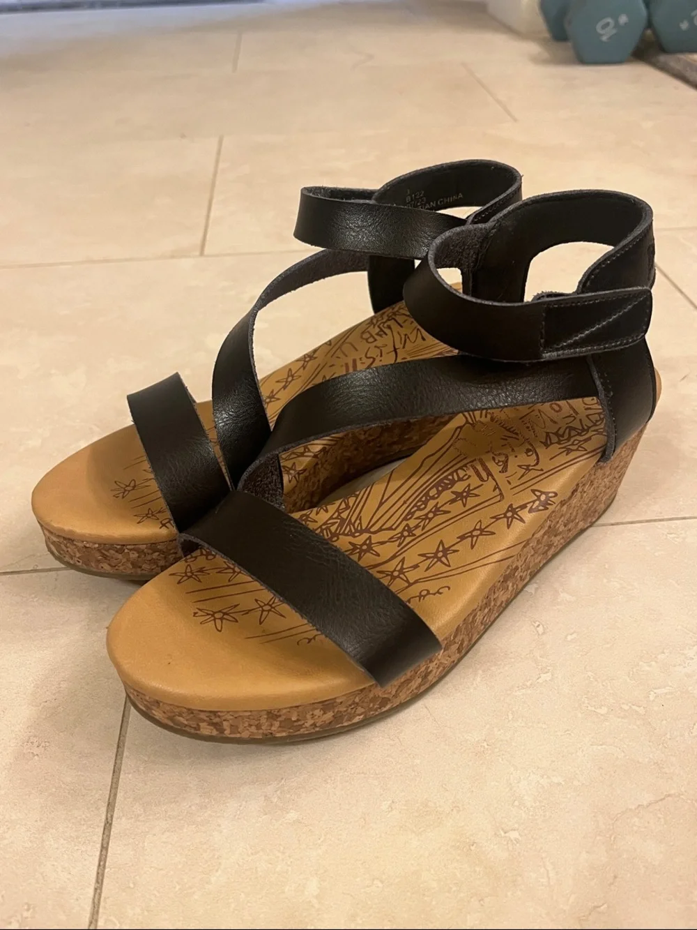 Black Cork Wedge Blowfish Sandals with Ankle Strap - Girls